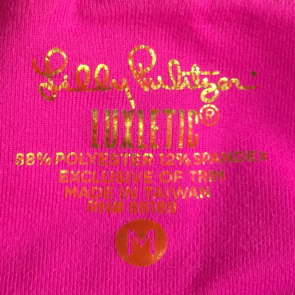 Lilly Pulitzer Luxletic Cropped Leggings Medium Pink Blue Abstract Strappy Hem - Picture 9 of 9